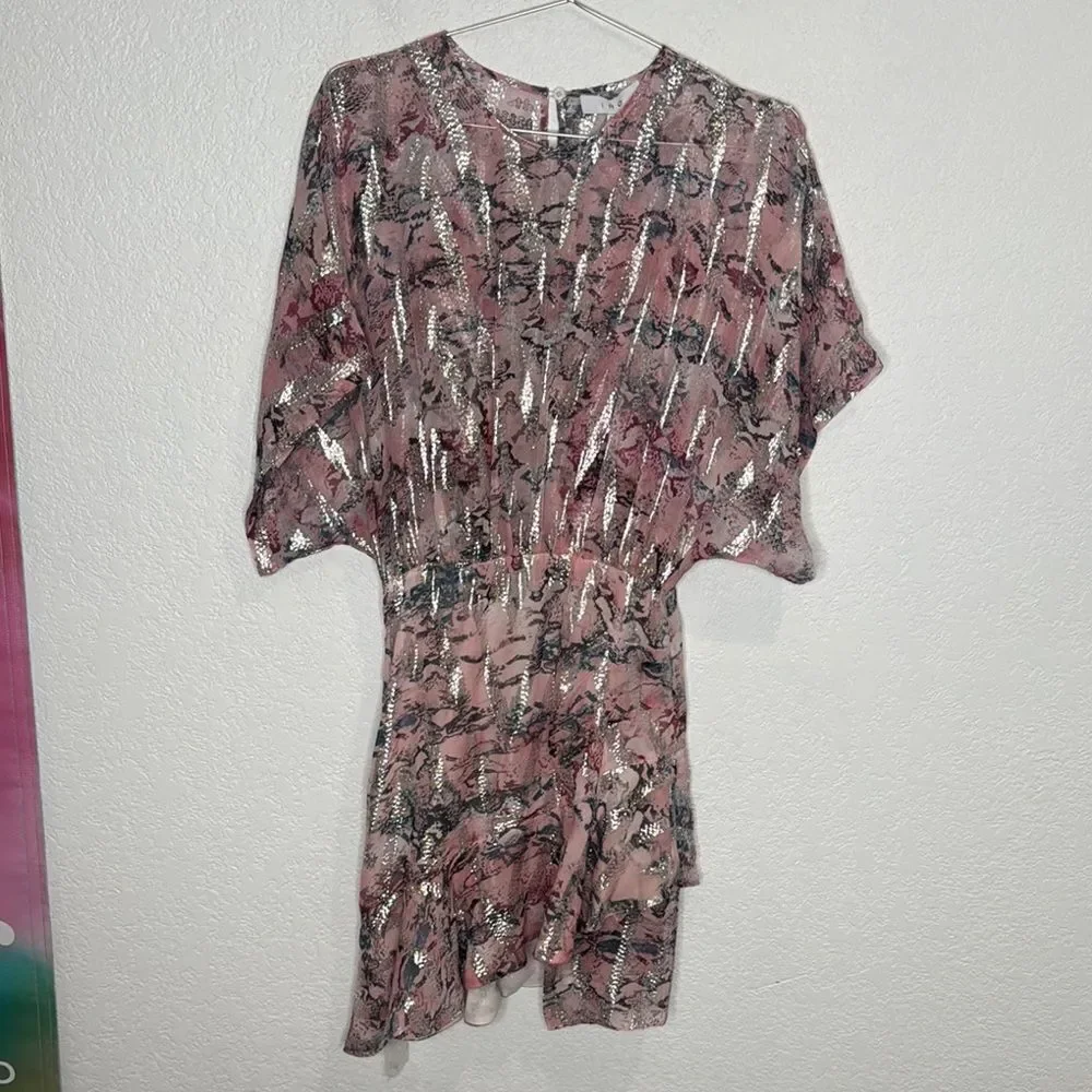 NWT IRO Wobam Printed Metallic Fil Coupé Silk Mini Dress Pink FR 34/ XS Revolve - Picture 2 of 16